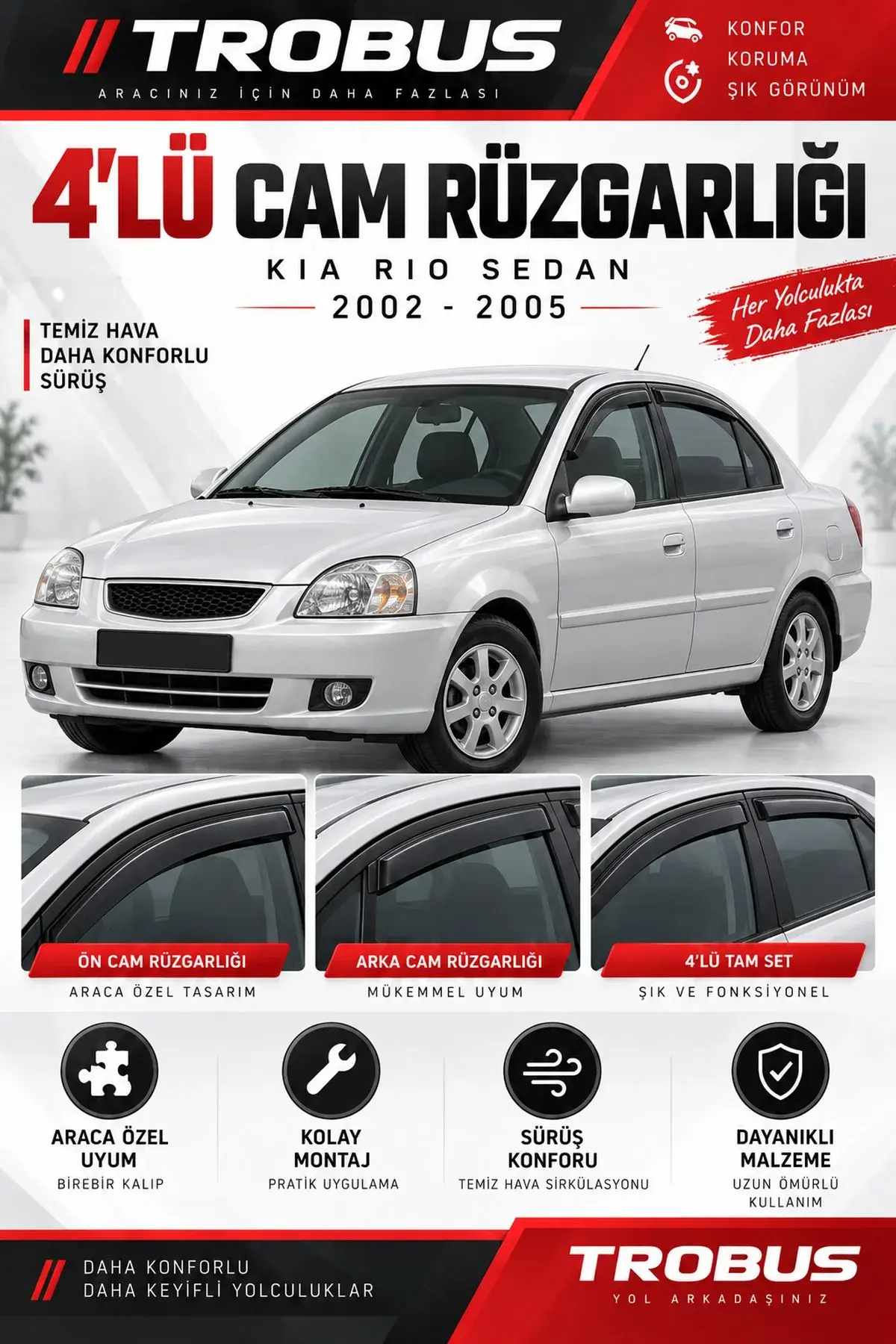 Kia Rio Sedan (2002-2005) Cam Rüzgarlığı 4'lü (1)