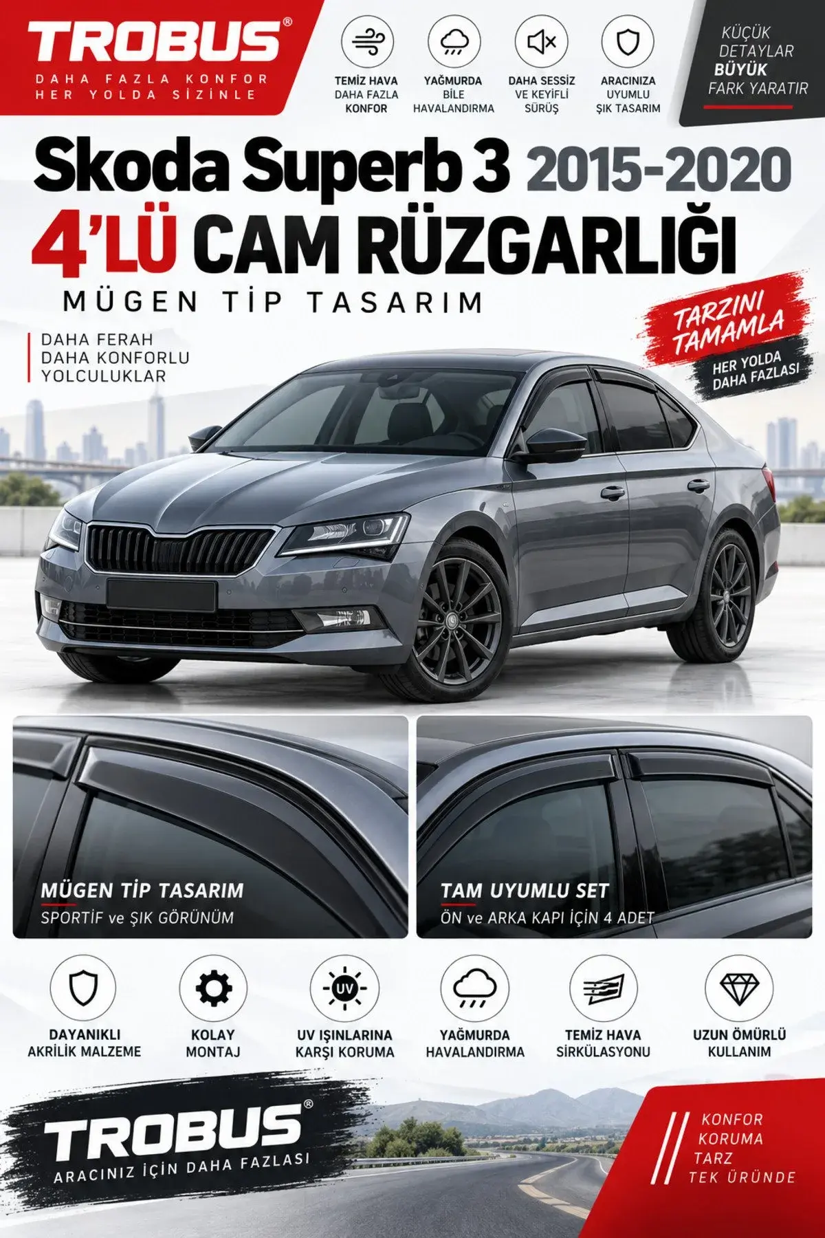Skoda Superb 3 Kromsuz (2015-2020) Cam Rüzgarlığı 4'lü (1)
