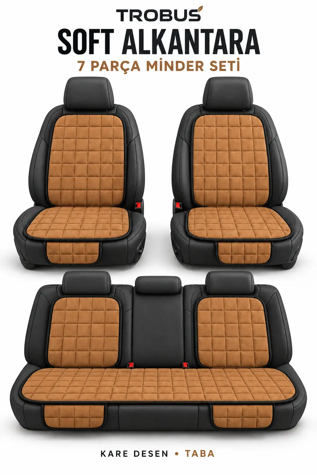 Üniversal Soft Alcantara Kare Desen 7'li Oto Koltuk Minderi Taba Siyah (1)