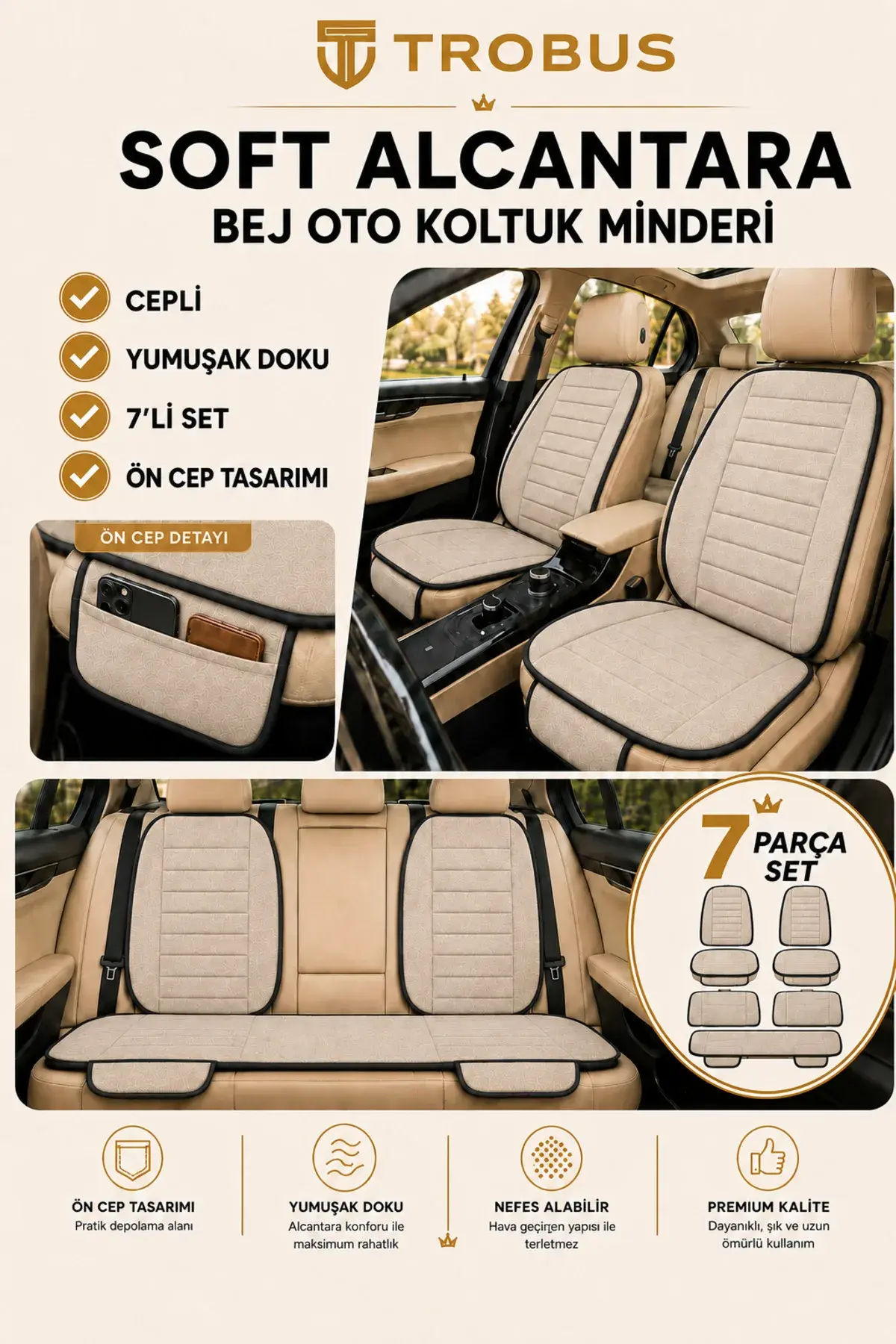 Üniversal Soft Alcantara Çizgili 7'li Oto Koltuk Minderi Bej Siyah (1)