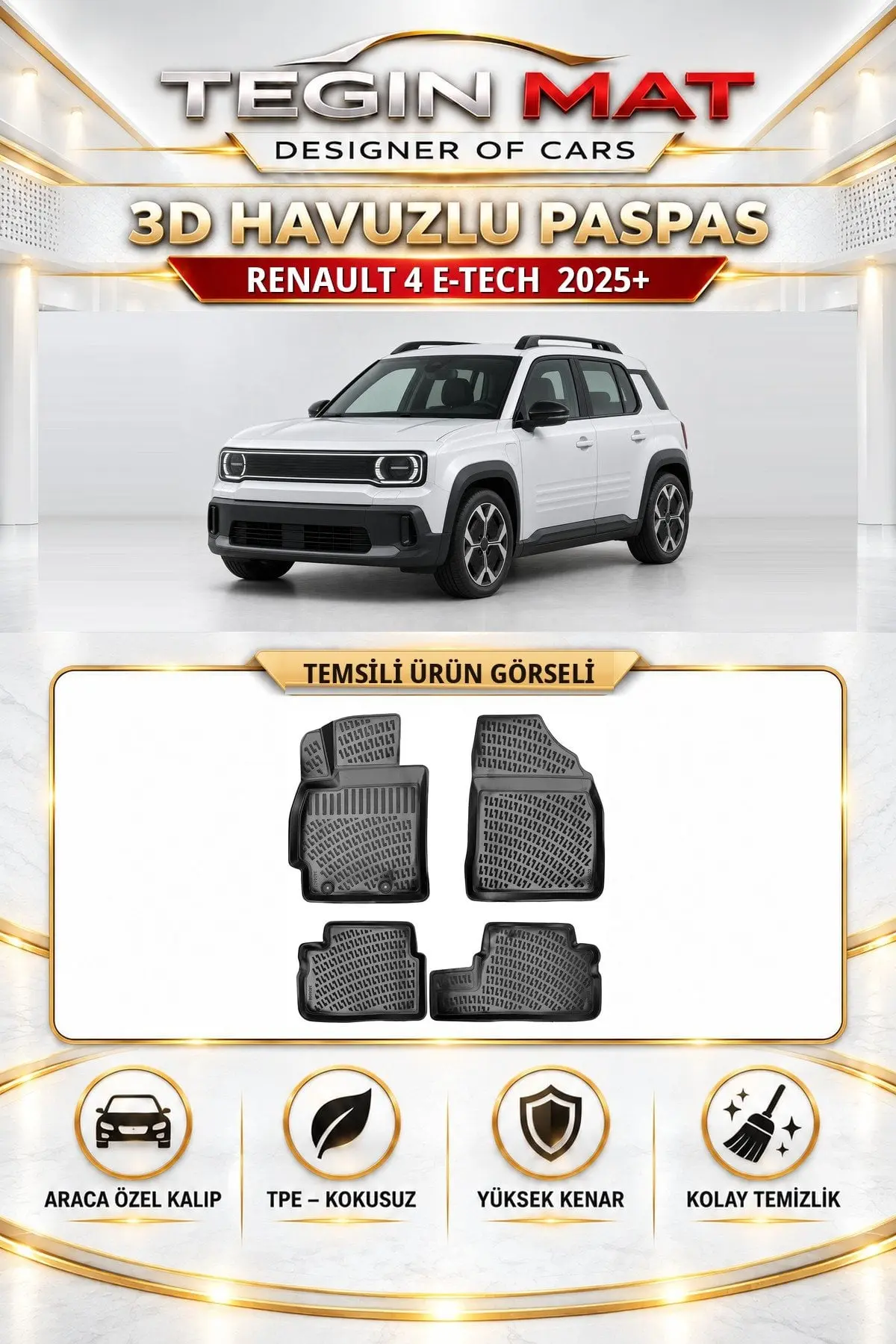 Renault 4 E-Tech 2025 Sonrası Araca Özel 3D Havuzlu Paspas Siyah (1)