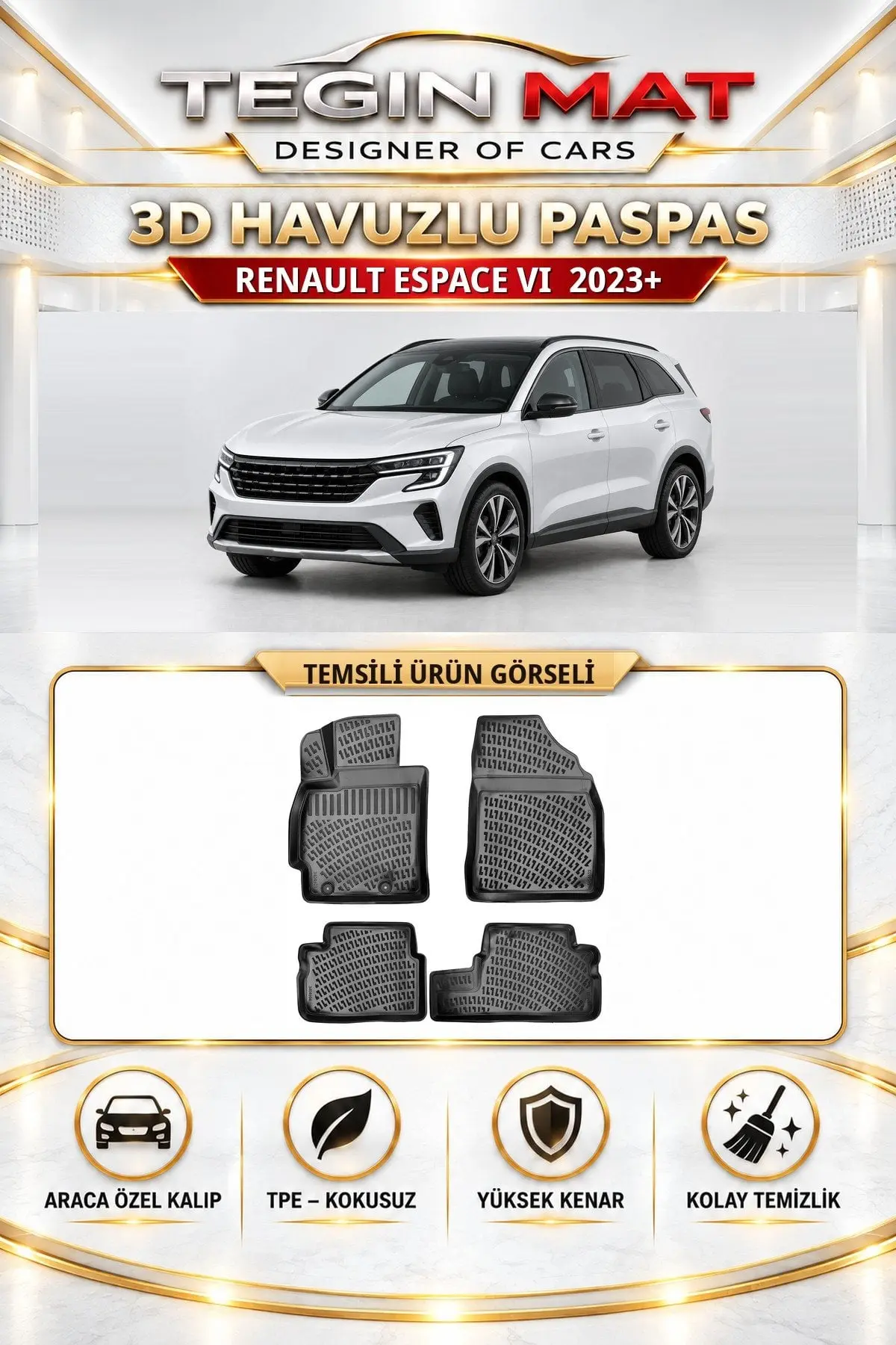 Renault Espace VI 2023 Sonrası Araca Özel 3D Havuzlu Paspas Siyah (1)
