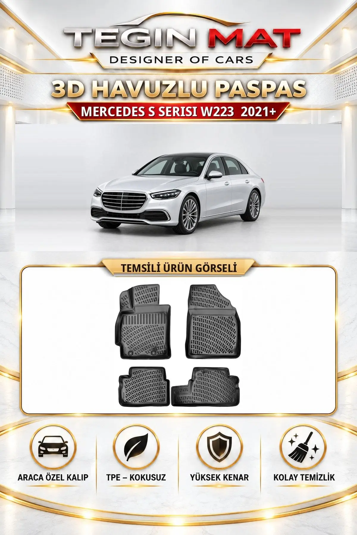 Mercedes S Serisi W223 2021 Sonrası Araca Özel 3D Havuzlu Paspas Siyah (1)