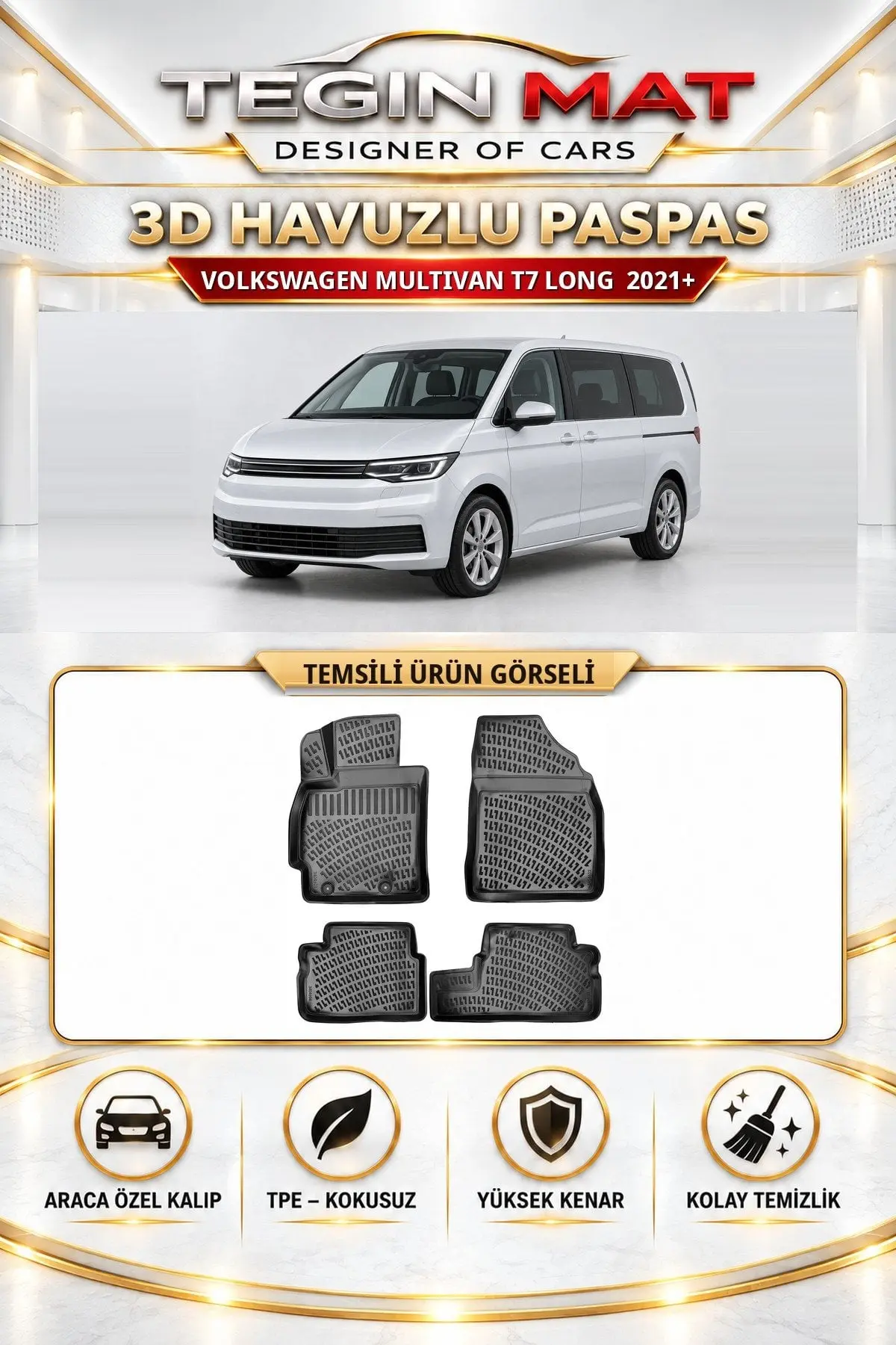 Volkswagen Multivan T7 Long 2021 Sonrası Araca Özel 3D Havuzlu Paspas Siyah (1)