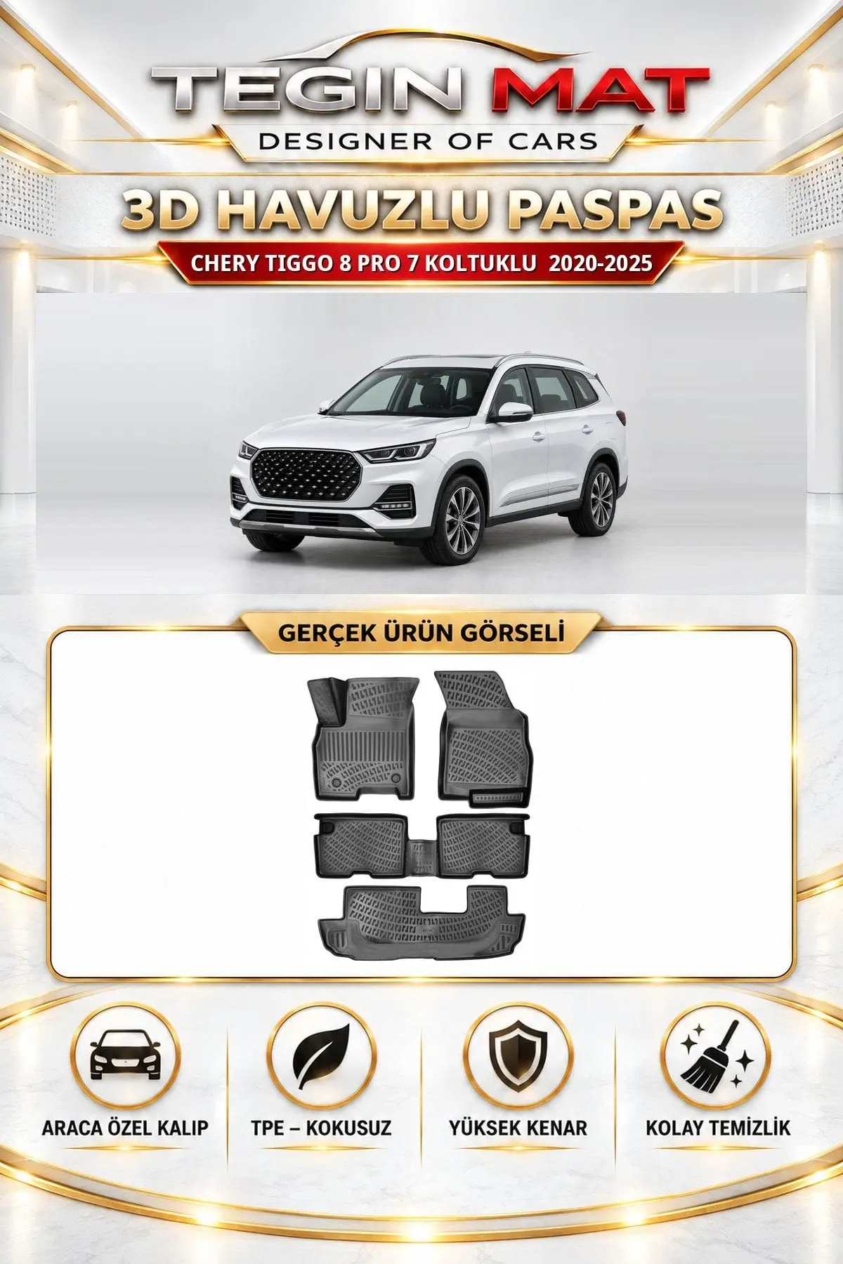 Chery Tiggo 8 Pro 2020-2025 7 Koltuklu Excellent-Intelligent Paket Araca Özel 3D Havuzlu Paspas Siyah (1)