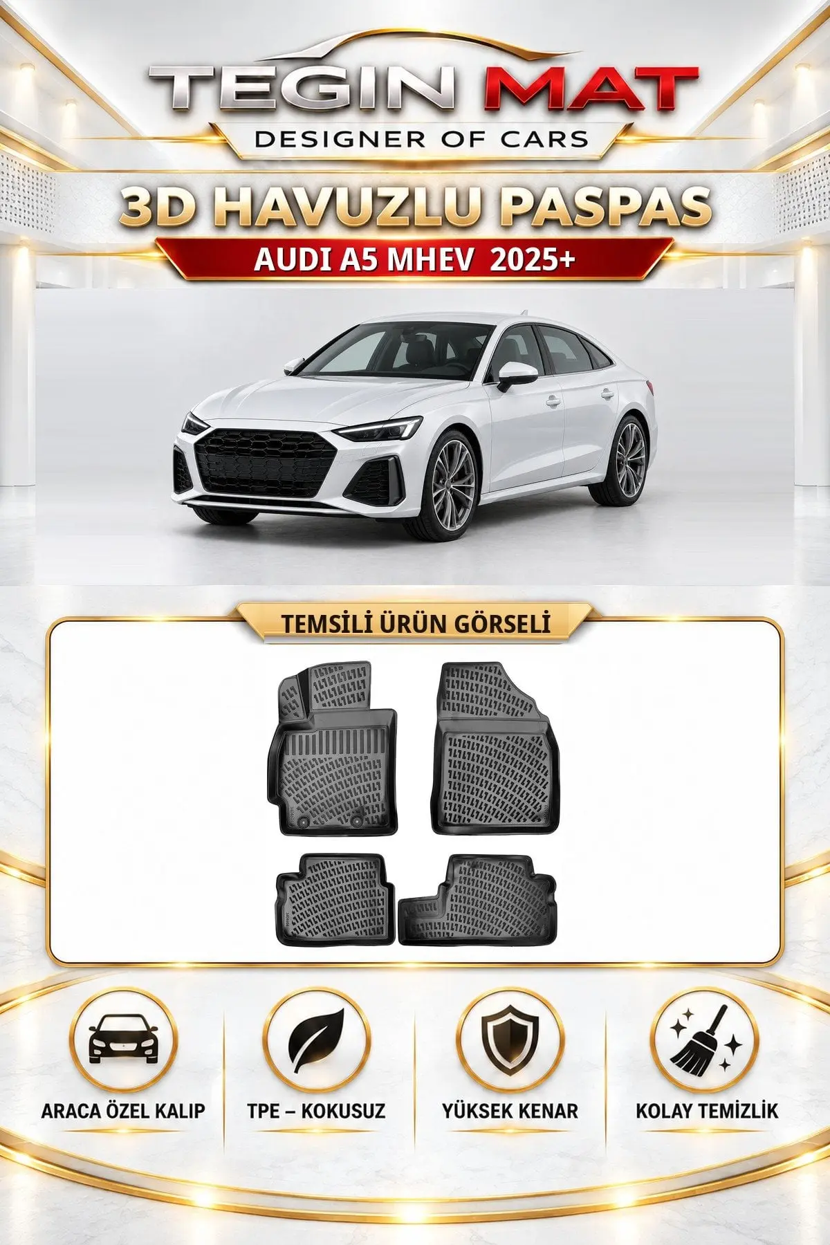 Audi A5 2025 Sonrası Mhev Araca Özel 3D Havuzlu Paspas Siyah (1)