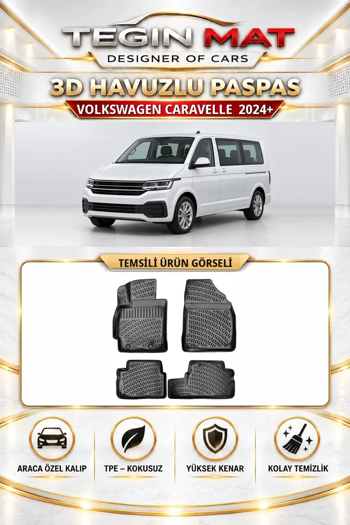 Volkswagen Caravelle 2024 Sonrası Araca Özel 3D Havuzlu Paspas Siyah (1)
