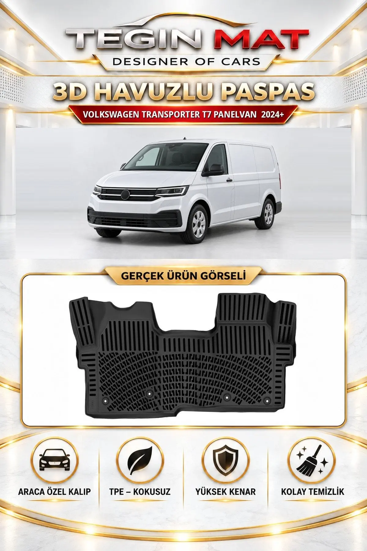Volkswagen Transporter T7 Kapalı Kasa 2024 Sonrası Araca Özel 3D Havuzlu Paspas Siyah (1)