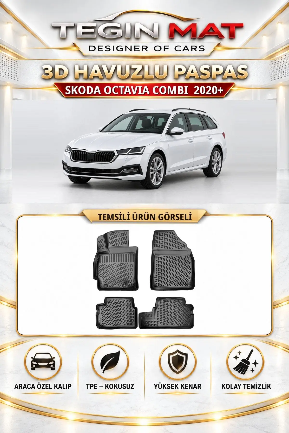 Skoda Octavia TSI/Phev 2020 Sonrası Combi Araca Özel 3D Havuzlu Paspas Siyah (1)