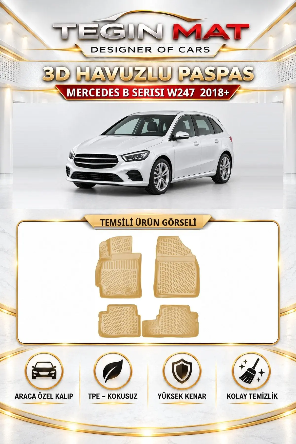 Mercedes B Serisi 2018 Sonrası W247 Araca Özel 3D Havuzlu Paspas Bej (1)