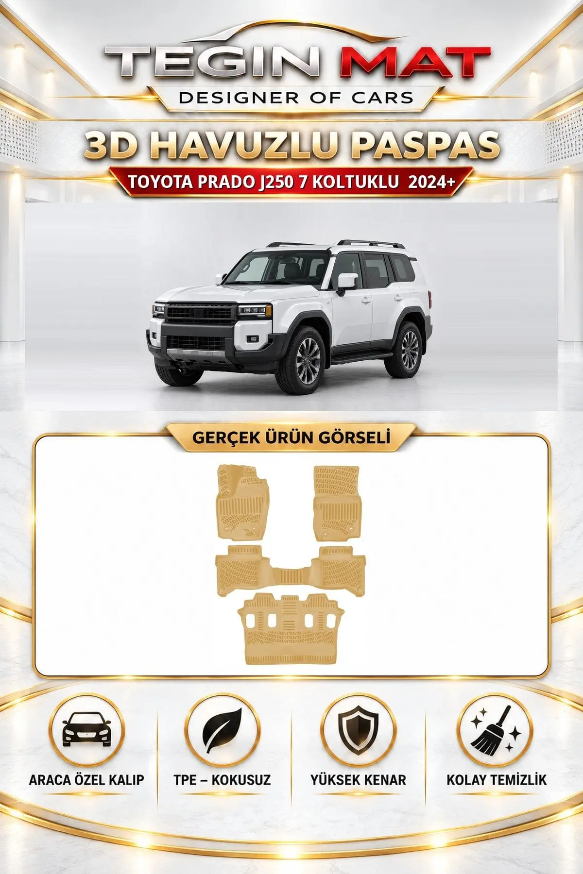 Toyota Land Cruiser Prado J250 2024 Sonrası 7 Koltuklu Araca Özel 3D Havuzlu Paspas Bej (1)