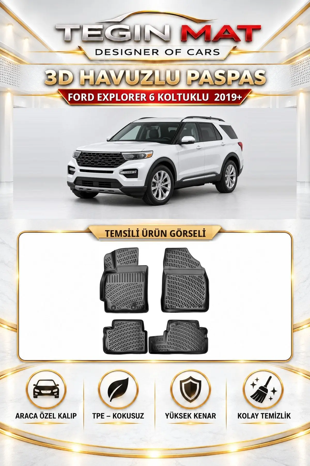 Ford Explorer 2019 Sonrası 6 Koltuklu Araca Özel 3D Havuzlu Paspas Siyah (1)