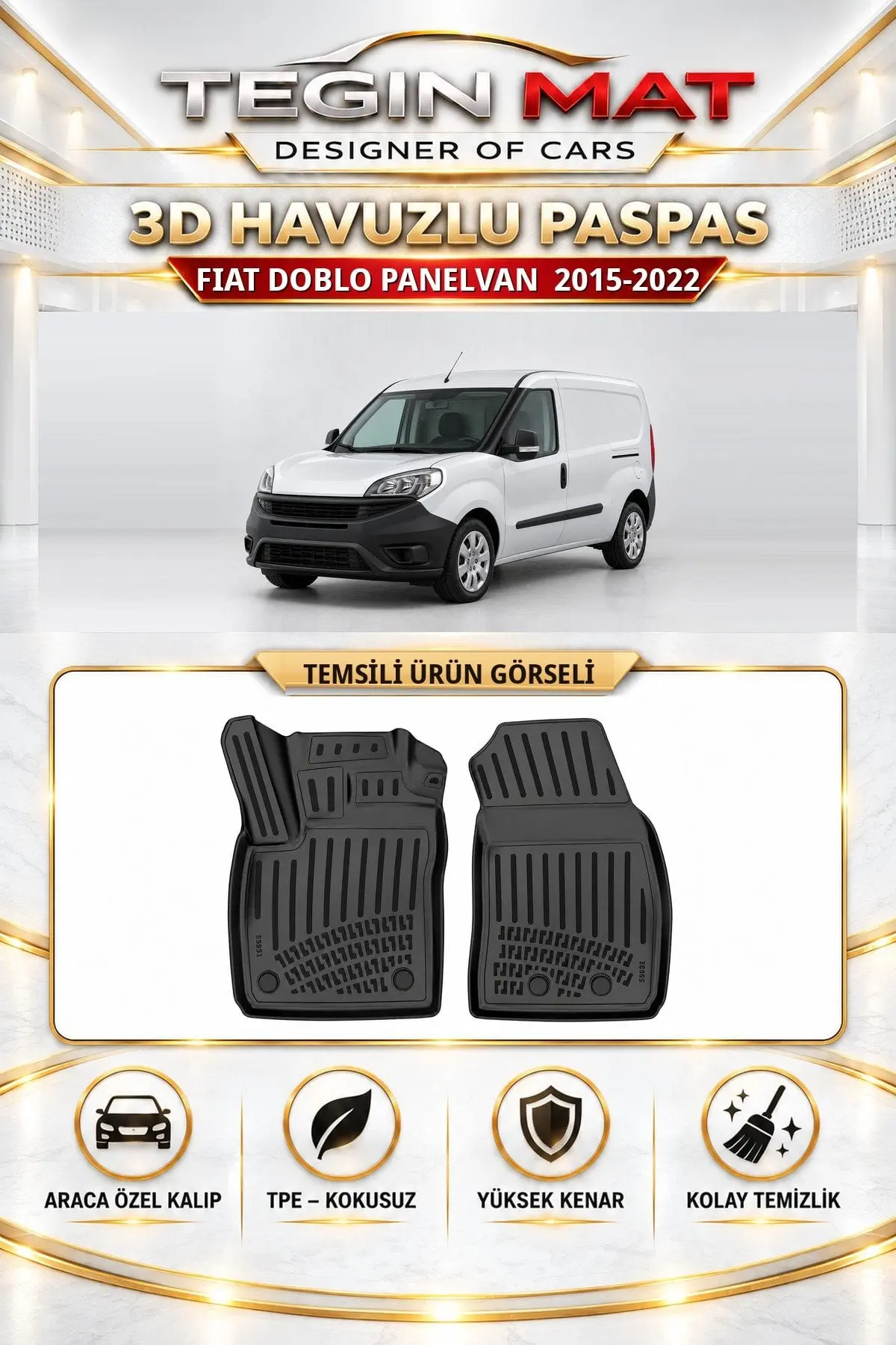 Fiat Doblo Panelvan (2 Parça) 2015-2022 Araca Özel 3D Havuzlu Paspas Siyah (1)