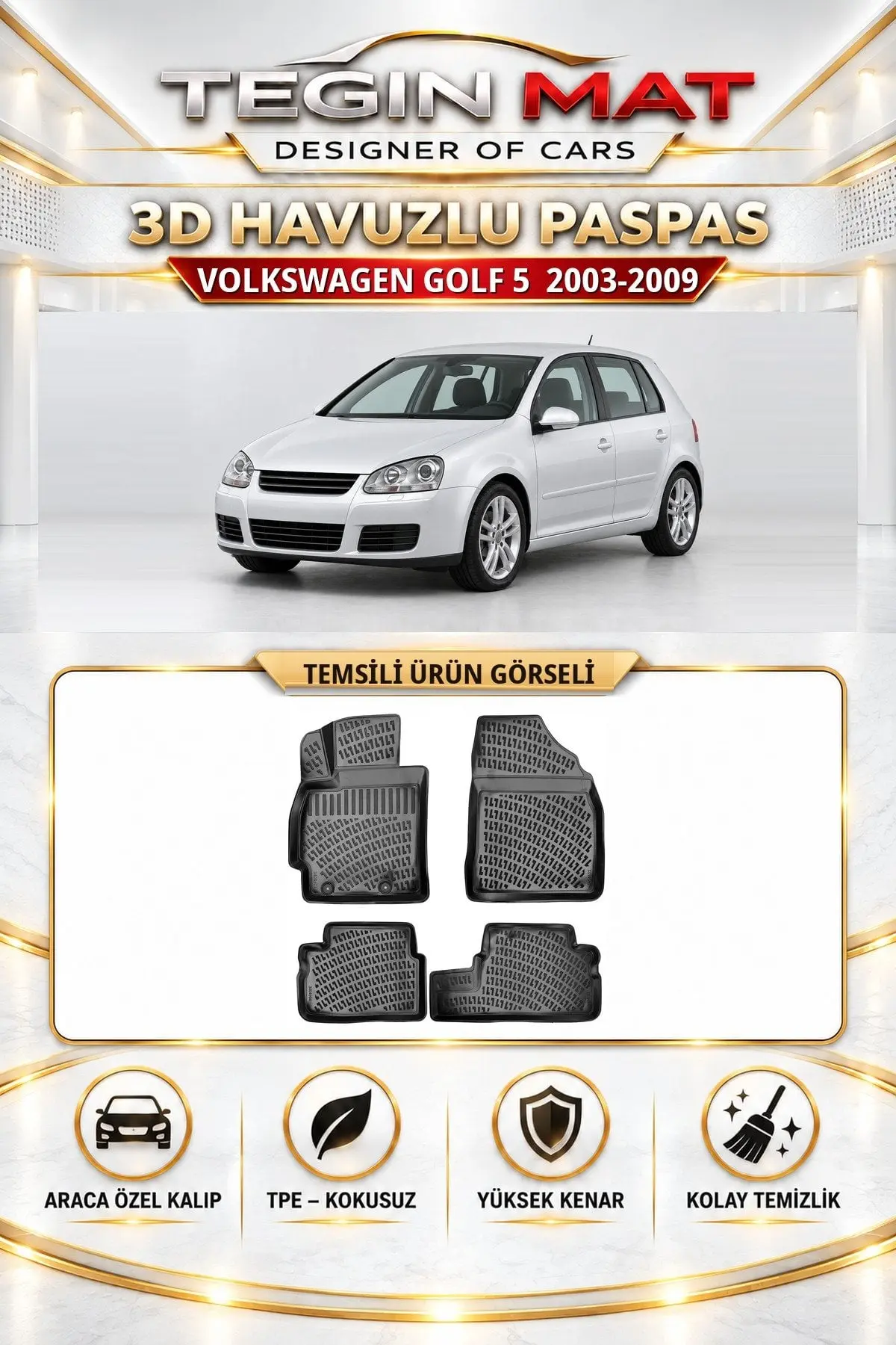 Volkswagen Golf 5 2003-2009 Araca Özel 3D Havuzlu Paspas Siyah (1)