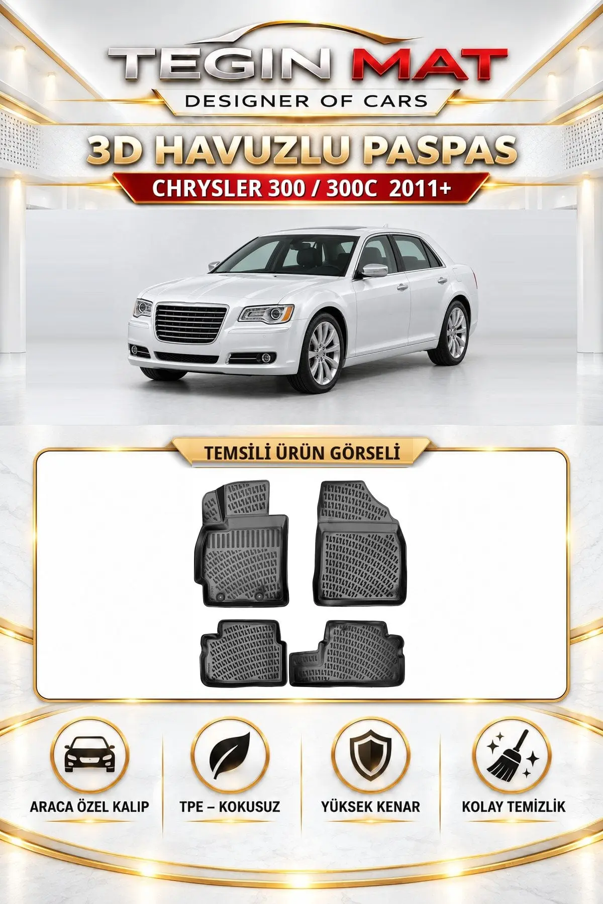 Chrysler 300 / 300C 2011 Sonrası Araca Özel 3D Havuzlu Paspas Siyah (1)