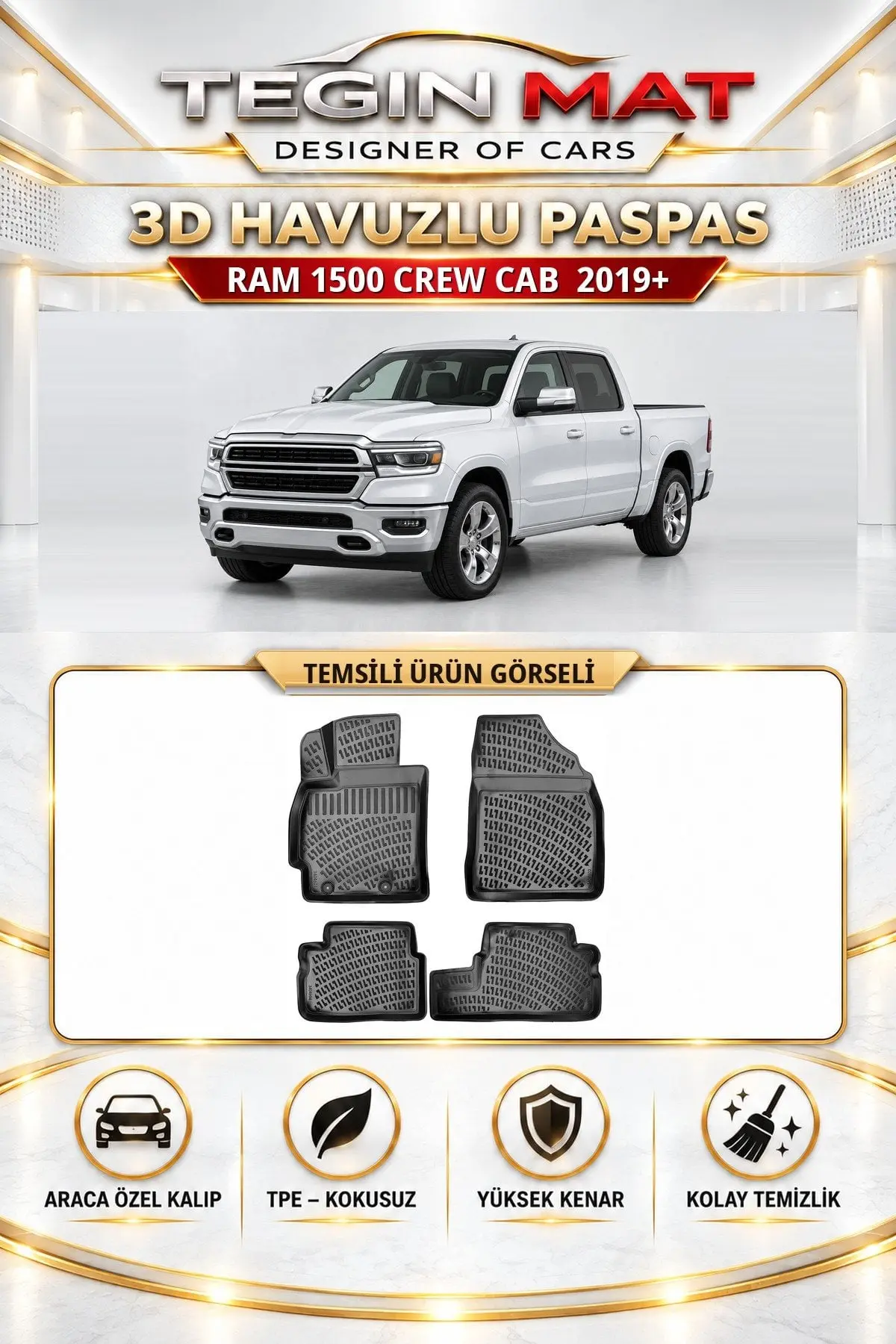 Dodge Ram Truck 1500 Crew Cab 2019 Sonrası Bench Seating Araca Özel 3D Havuzlu Paspas Siyah (1)