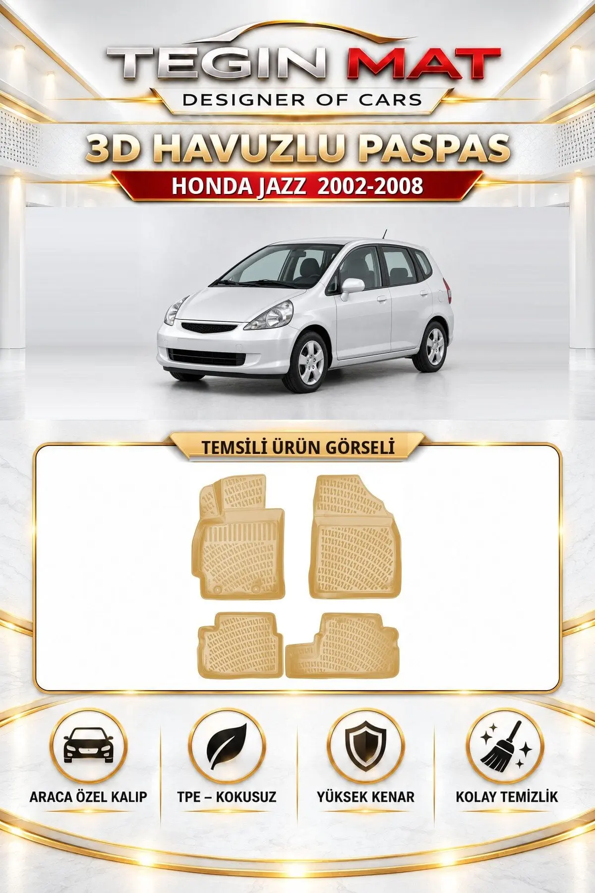 Honda Jazz 2002-2008 Araca Özel 3D Havuzlu Paspas Bej (1)