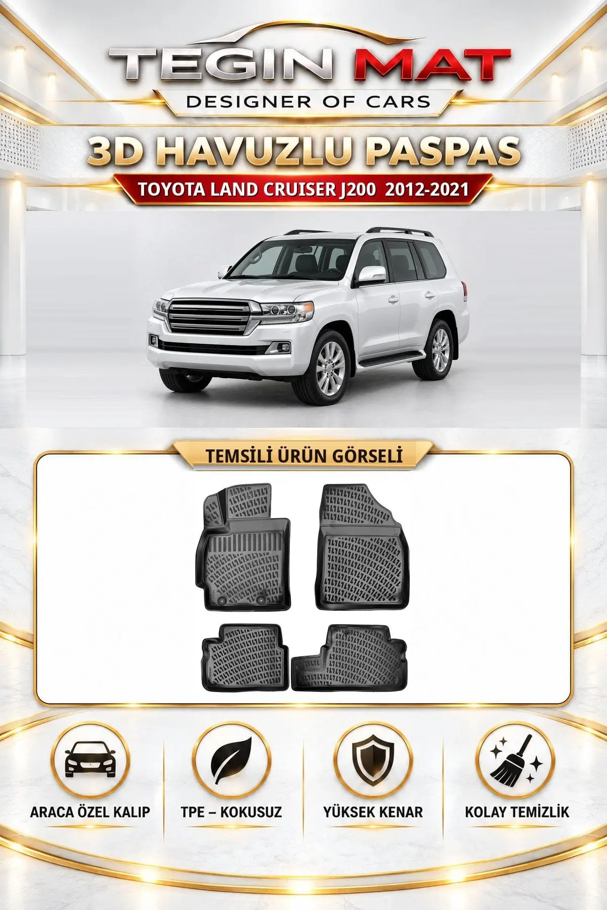 Toyota Land Cruiser J200 2012-2021 Araca Özel 3D Havuzlu Paspas Siyah (1)