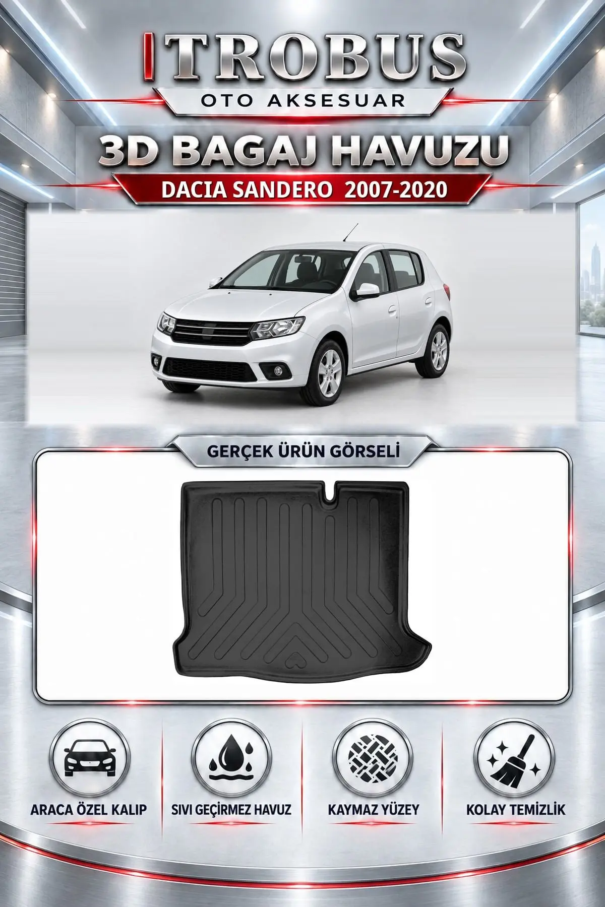 Dacia Sandero 2007-2020 Araca Özel 3D Bagaj Havuzu