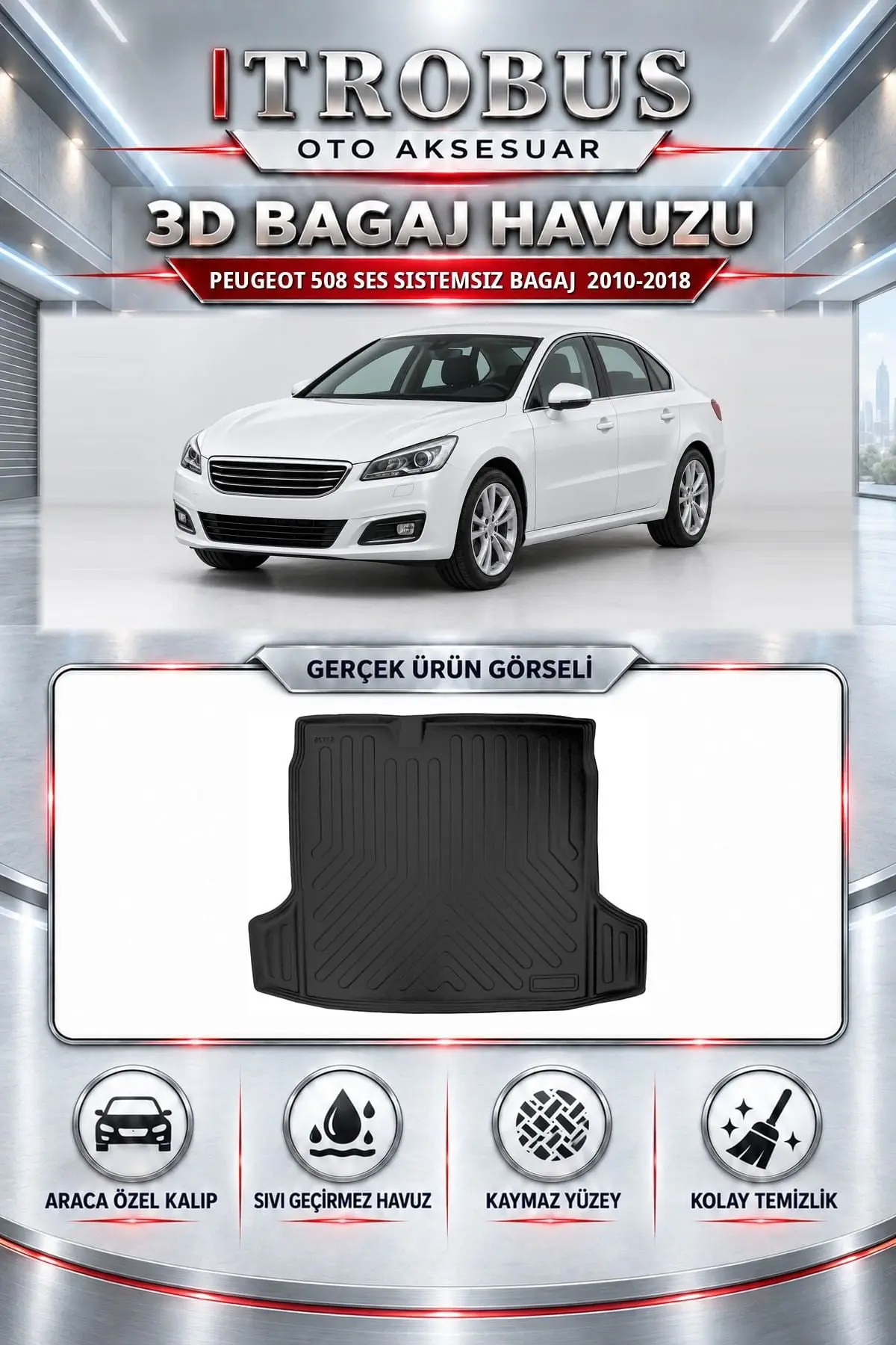 Peugeot 508 2010-2018 Ses sistemsiz Bagaj Araca Özel 3D Bagaj Havuzu