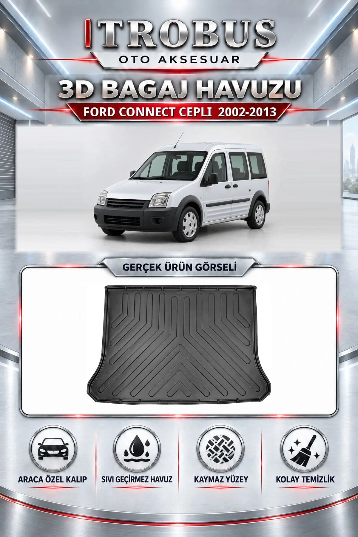 Ford Connect 2002-2013 Cepli Araca Özel 3D Bagaj Havuzu