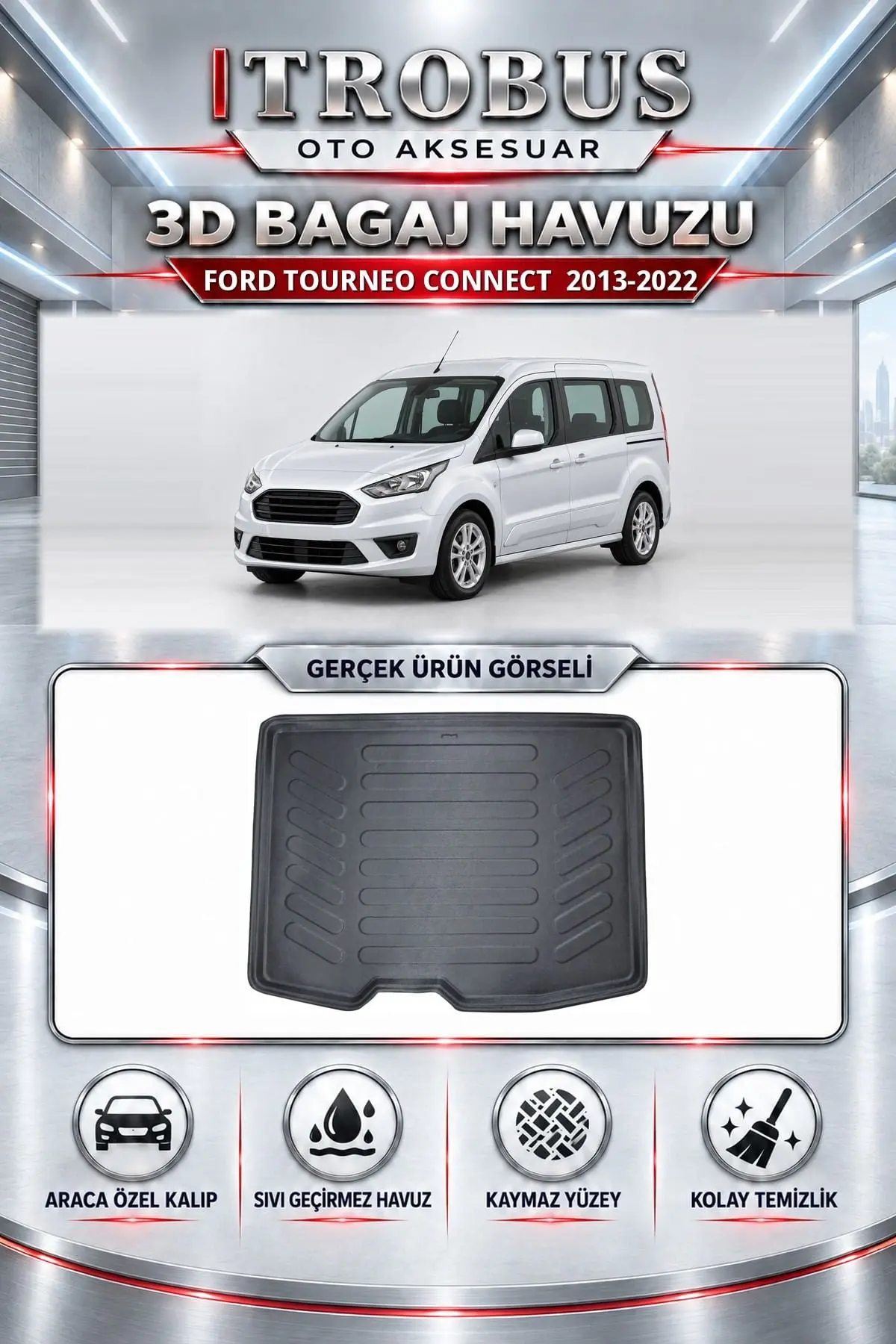 Ford Tourneo Connect 2013-2022 Araca Özel 3D Bagaj Havuzu