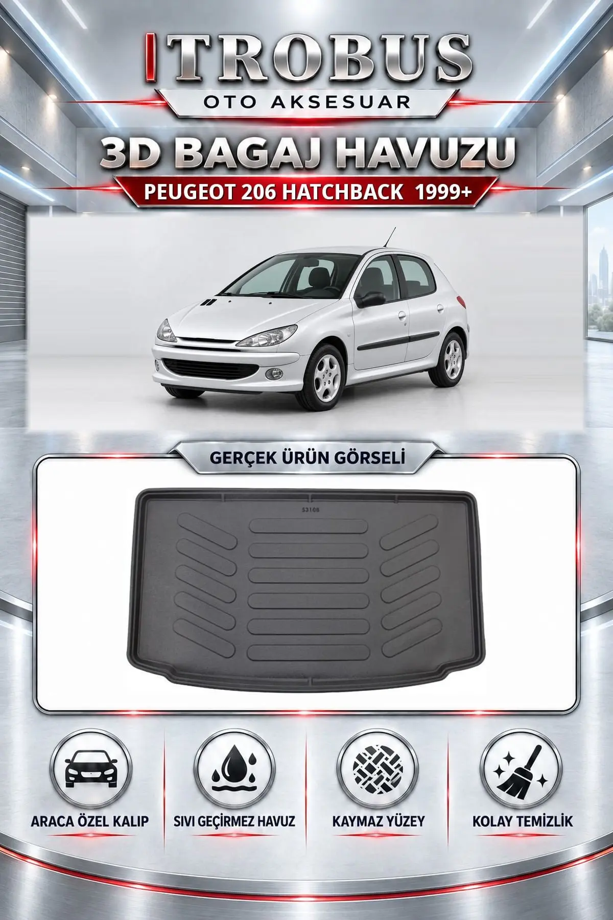 Peugeot 206 1999 Sonrası Hatchback Araca Özel 3D Bagaj Havuzu