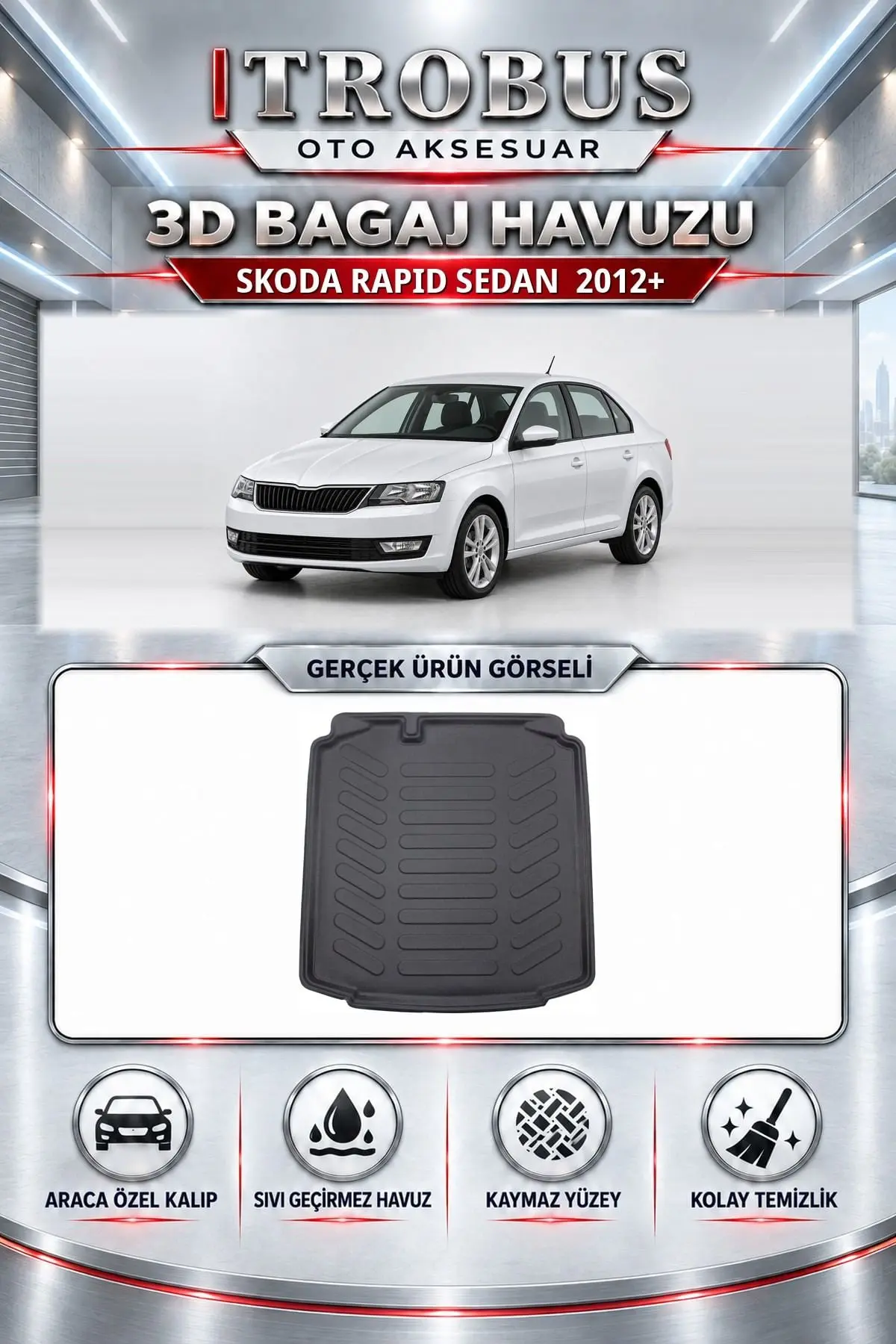 Skoda Rapid 2012 Sonrası Sedan Araca Özel 3D Bagaj Havuzu