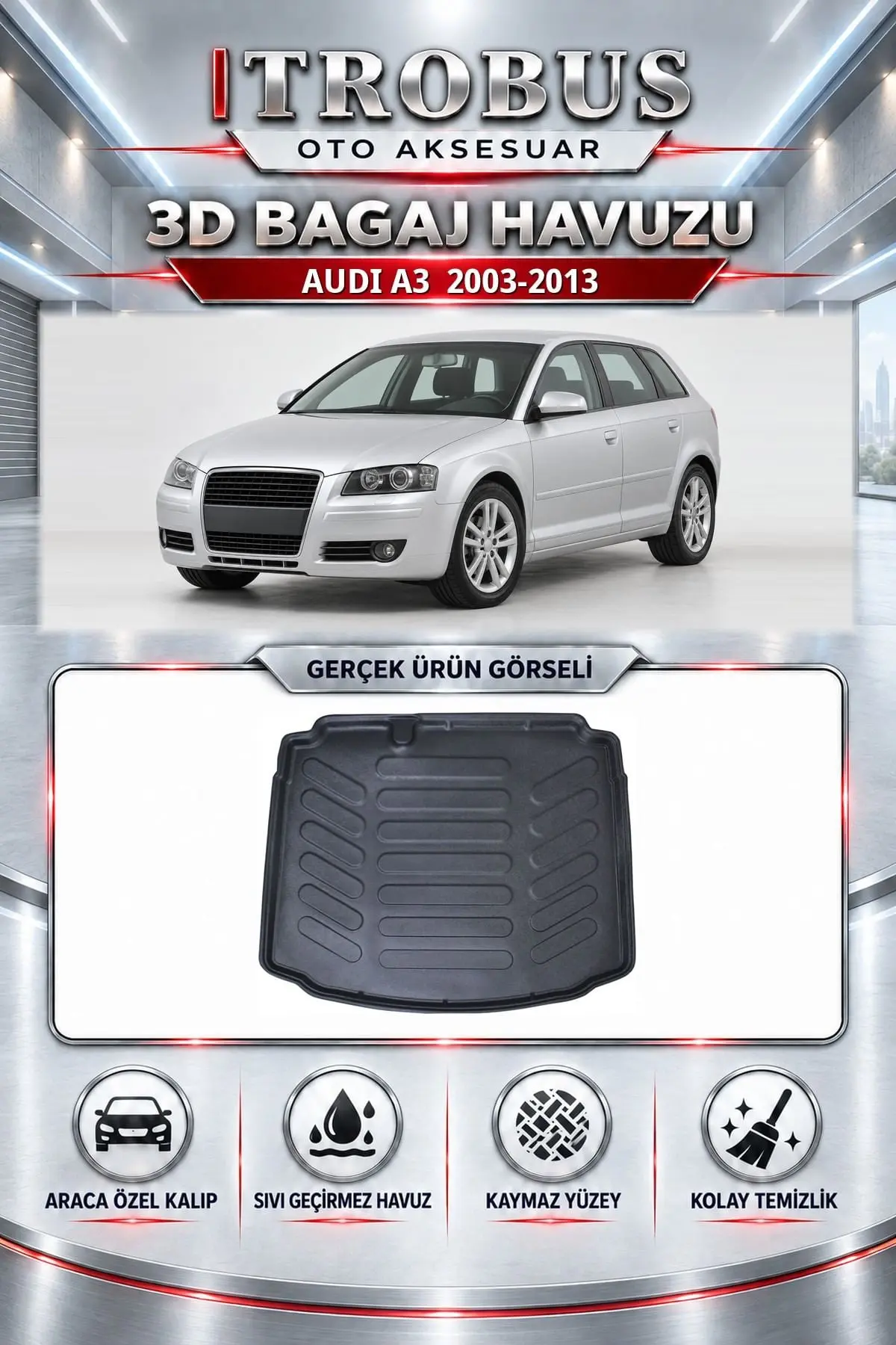 Audi A3 2003-2013 Araca Özel 3D Bagaj Havuzu