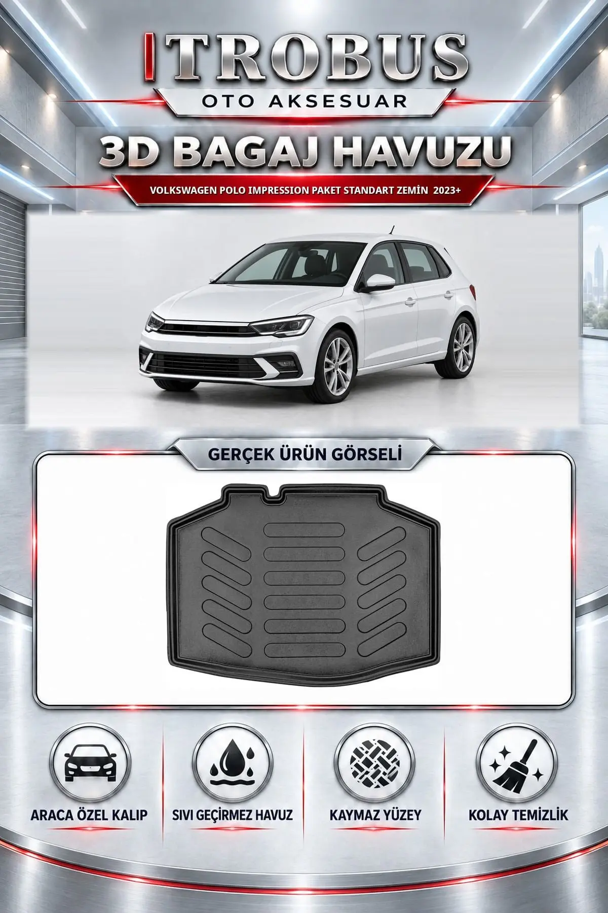 Volkswagen Polo 2023 Sonrası Impression Paket Standart Zemin Araca Özel 3D Bagaj Havuzu