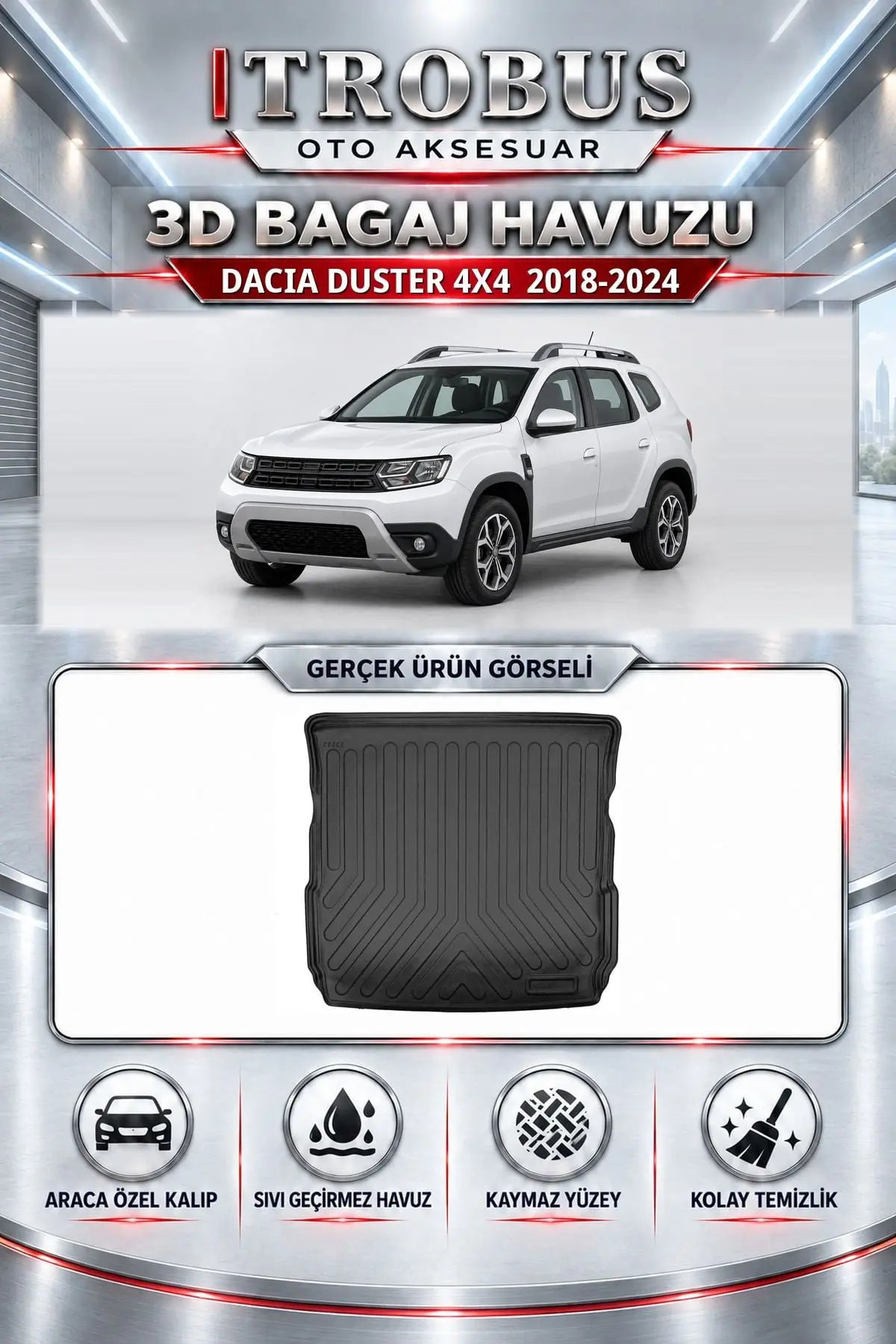 Dacia Duster 2018-2024 4x4 Araca Özel 3D Bagaj Havuzu