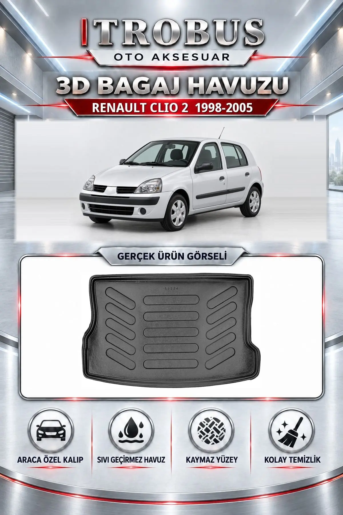 Renault Clio 2 1998-2005 Araca Özel 3D Bagaj Havuzu