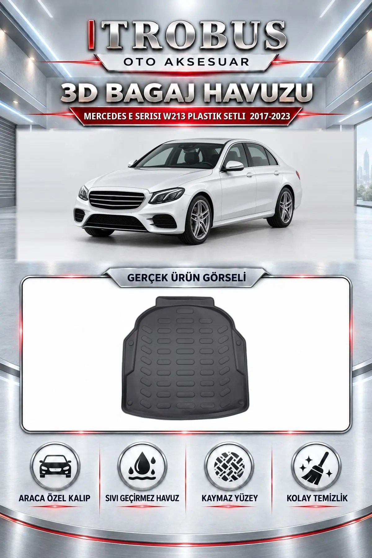 Mercedes-Benz E Serisi 2017-2023 W213 Plastik Setli Araca Özel 3D Bagaj Havuzu