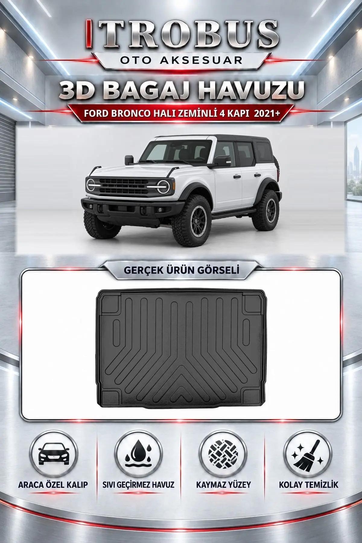 Ford Bronco 2021 Sonrası Halı Zeminli 4 Kapı Araca Özel 3D Bagaj Havuzu