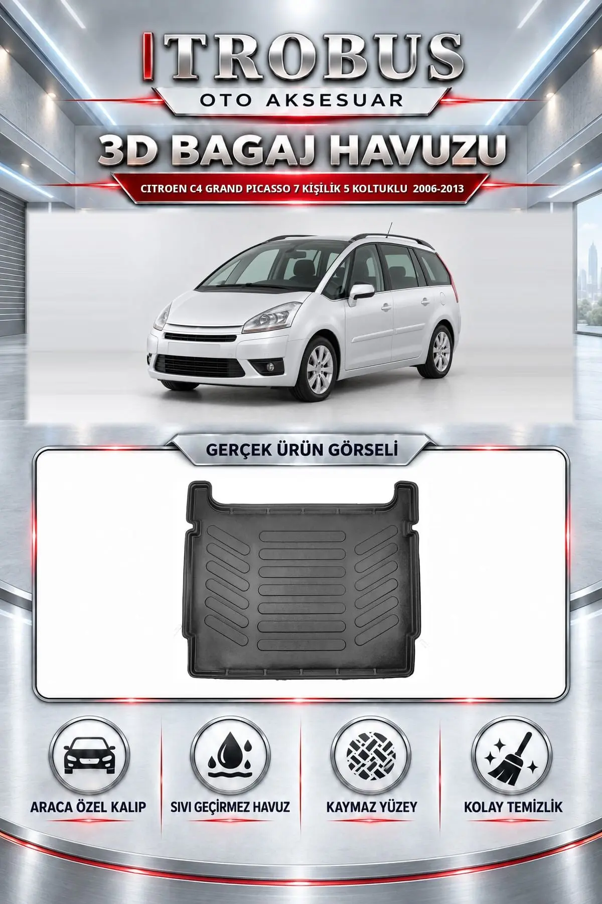 Citroen C4 Grand Picasso 2006-2013 7 Kişilik 5 Koltuklu Araca Özel 3D Bagaj Havuzu