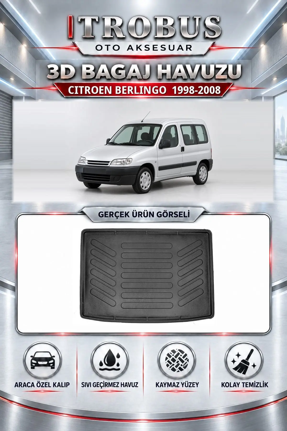 Citroen Berlingo 1998-2008 Araca Özel 3D Bagaj Havuzu