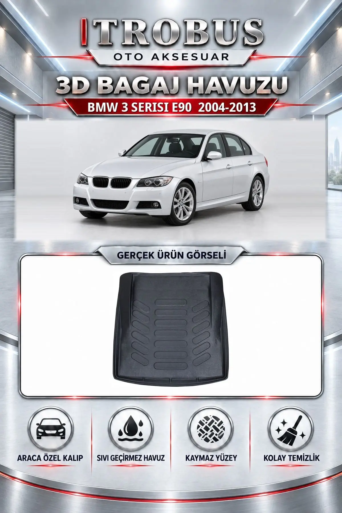 BMW 3 Serisi E90 2004-2013 Araca Özel 3D Bagaj Havuzu