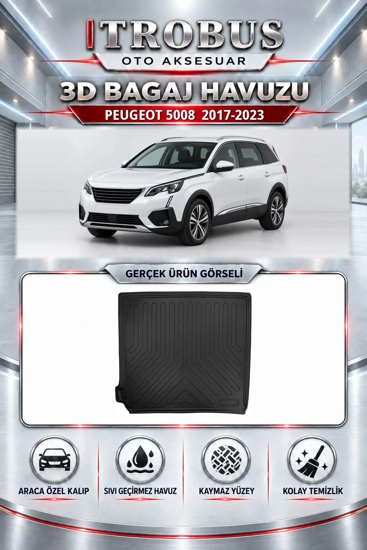 Peugeot 5008 2017-2023 Araca Özel 3D Bagaj Havuzu