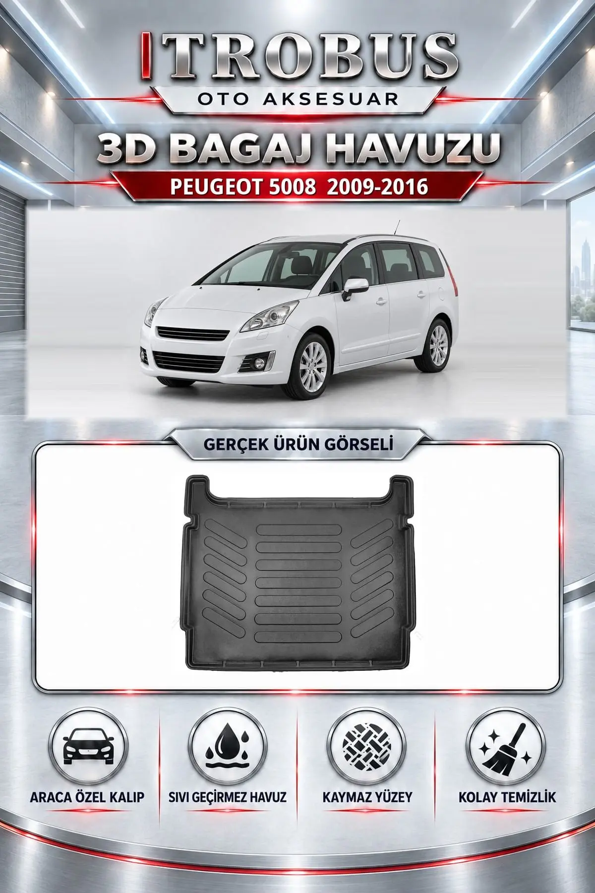Peugeot 5008 2009-2016 Araca Özel 3D Bagaj Havuzu