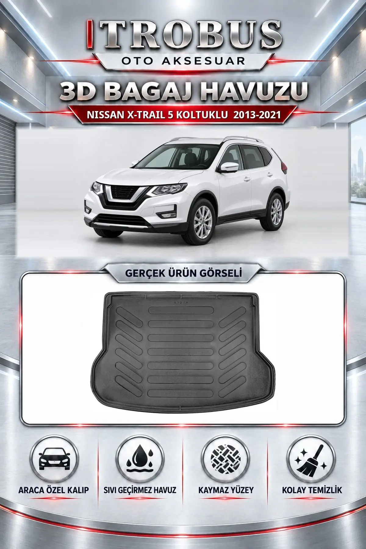Nissan X-Trail 2013-2021 5 Koltuklu Araca Özel 3D Bagaj Havuzu