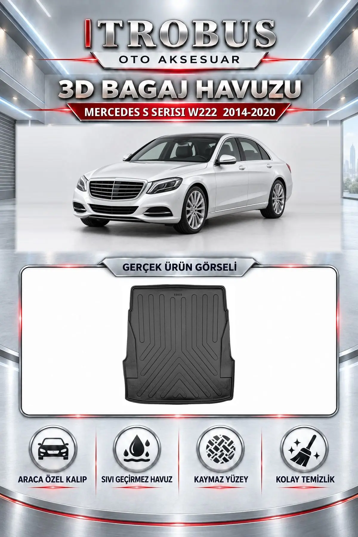 Mercedes-Benz S Serisi 2014-2020 W222 Araca Özel 3D Bagaj Havuzu