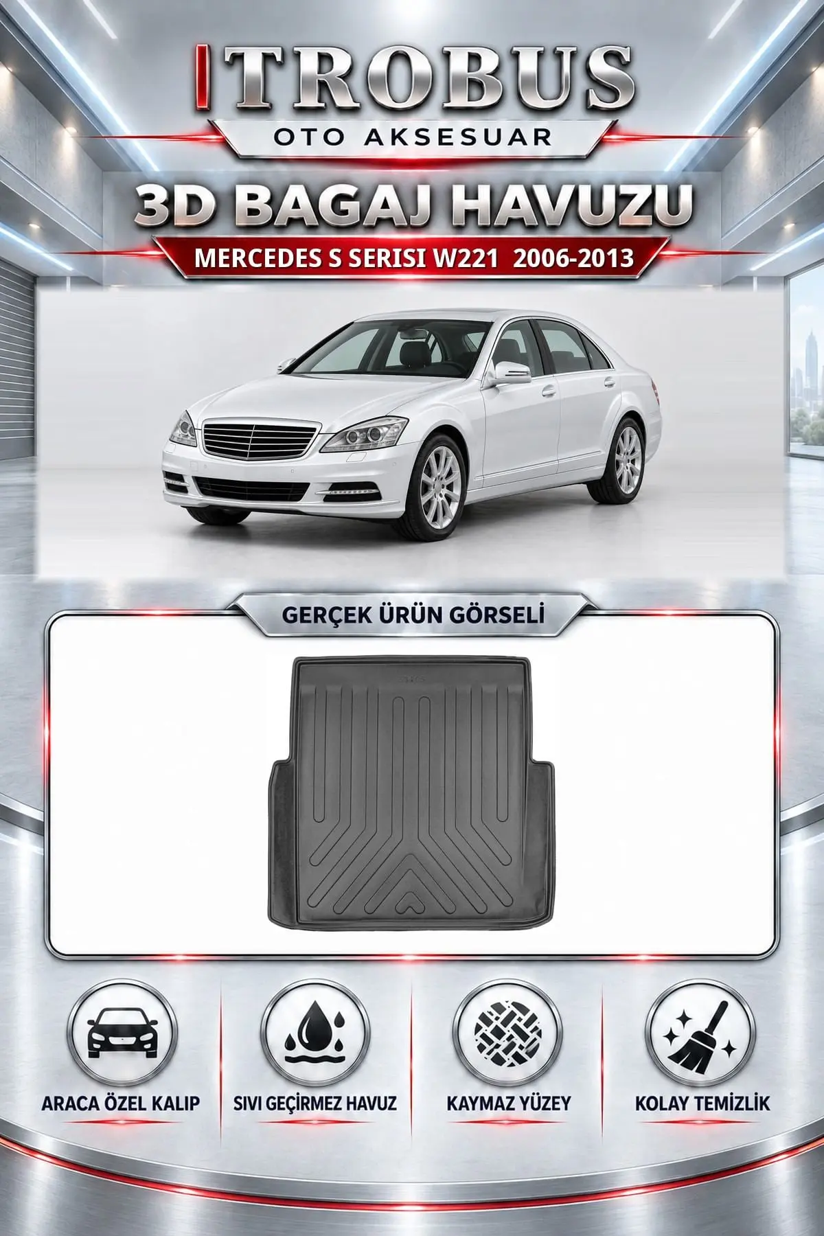 Mercedes-Benz S Serisi 2006-2013 W221 Araca Özel 3D Bagaj Havuzu