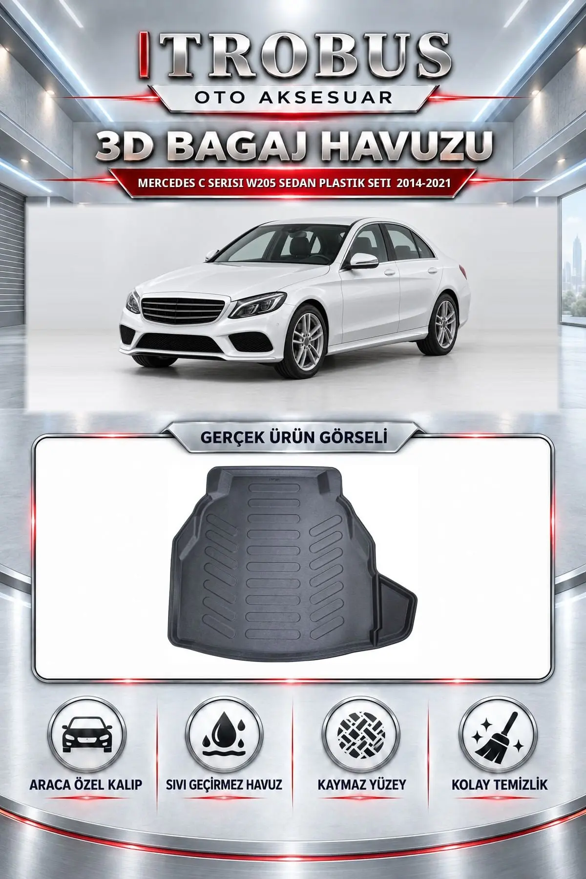 Mercedes-Benz C Serisi 2014-2021 W205 Sedan Plastik Seti Araca Özel 3D Bagaj Havuzu