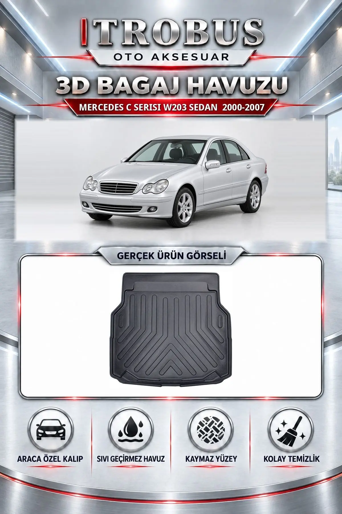 Mercedes-Benz C Serisi 2000-2007 W203 Sedan Araca Özel 3D Bagaj Havuzu