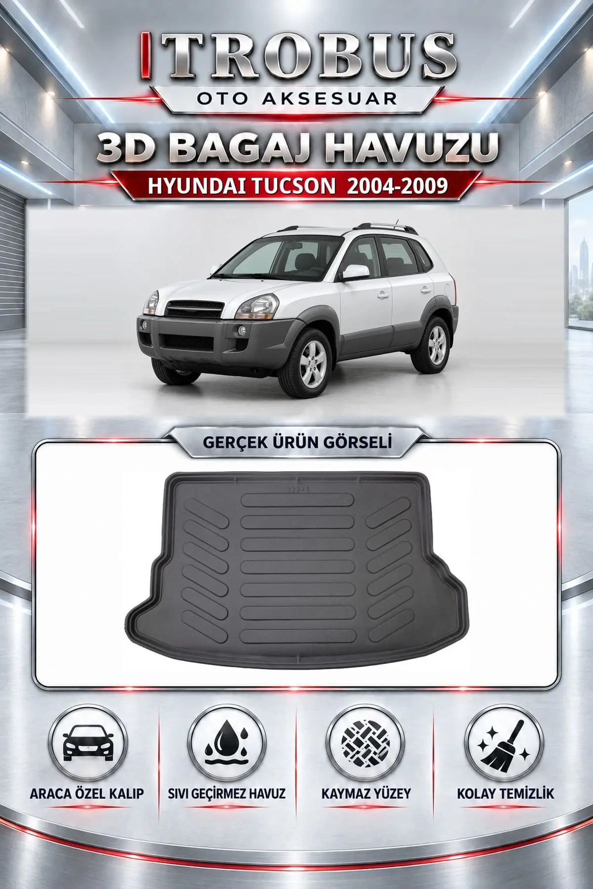 Hyundai Tucson 2004-2009 Araca Özel 3D Bagaj Havuzu