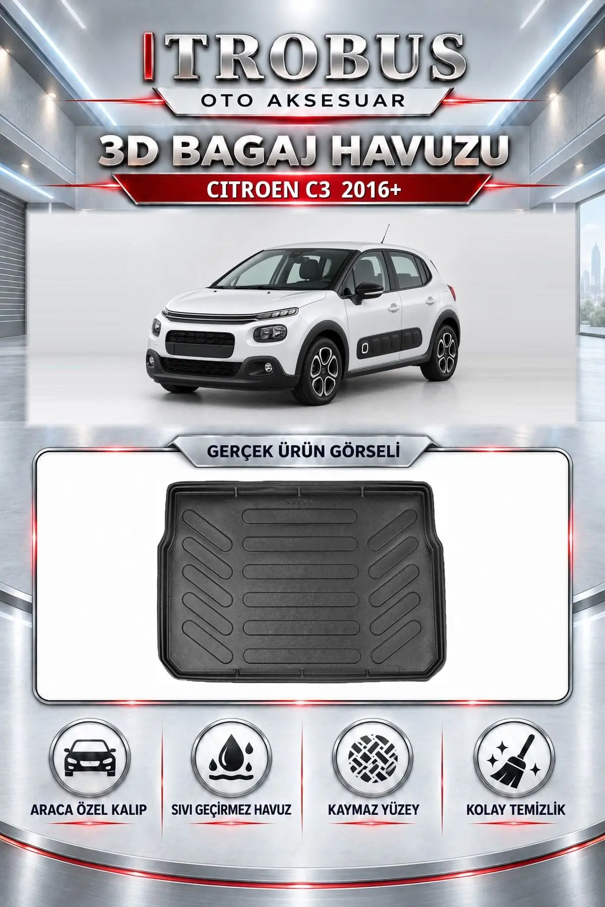 Citroen C3 2016 Sonrası Araca Özel 3D Bagaj Havuzu