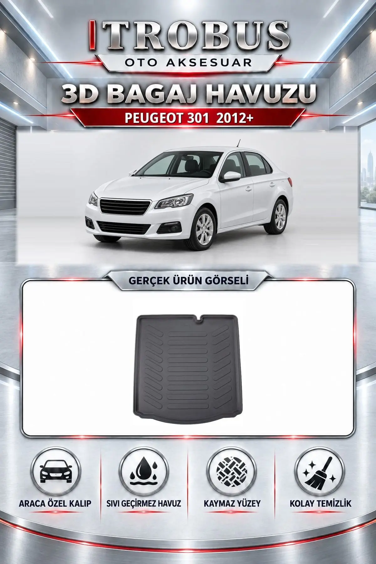 Peugeot 301 2012 Sonrası Araca Özel 3D Bagaj Havuzu
