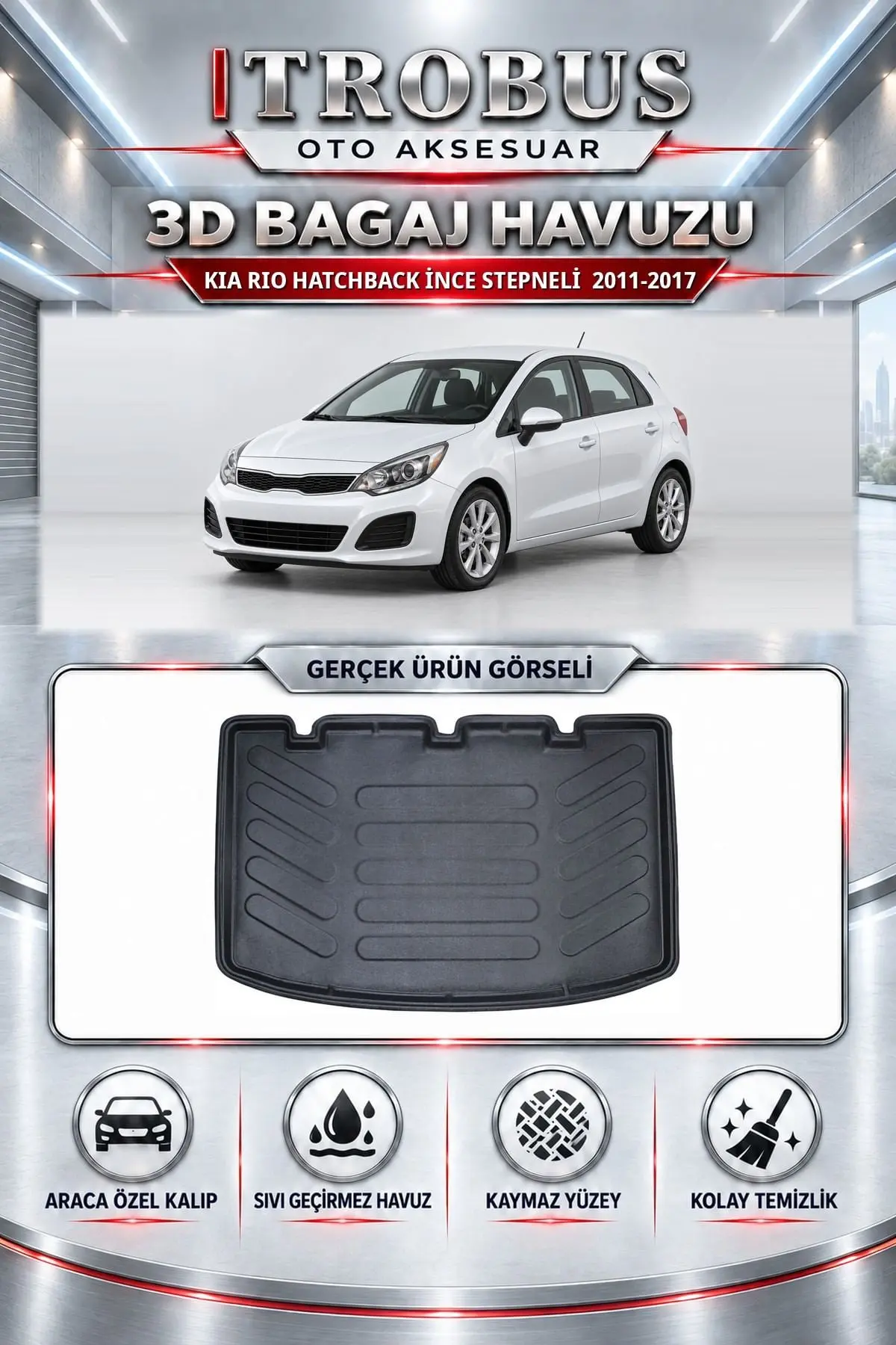 Kia Rio 2011-2017 Hatchback İnce Stepneli Araca Özel 3D Bagaj Havuzu