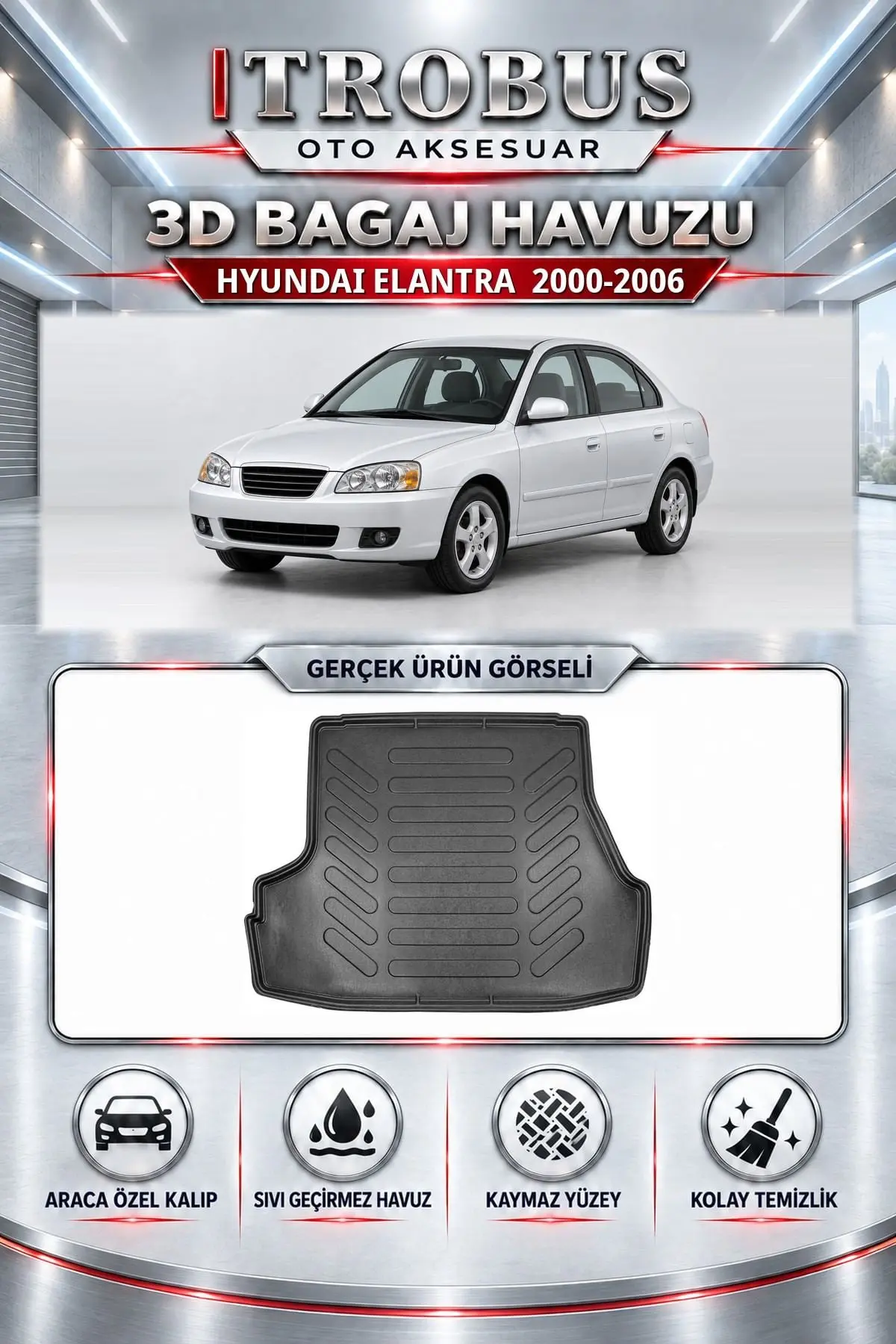 Hyundai Elantra 2000-2006 Araca Özel 3D Bagaj Havuzu