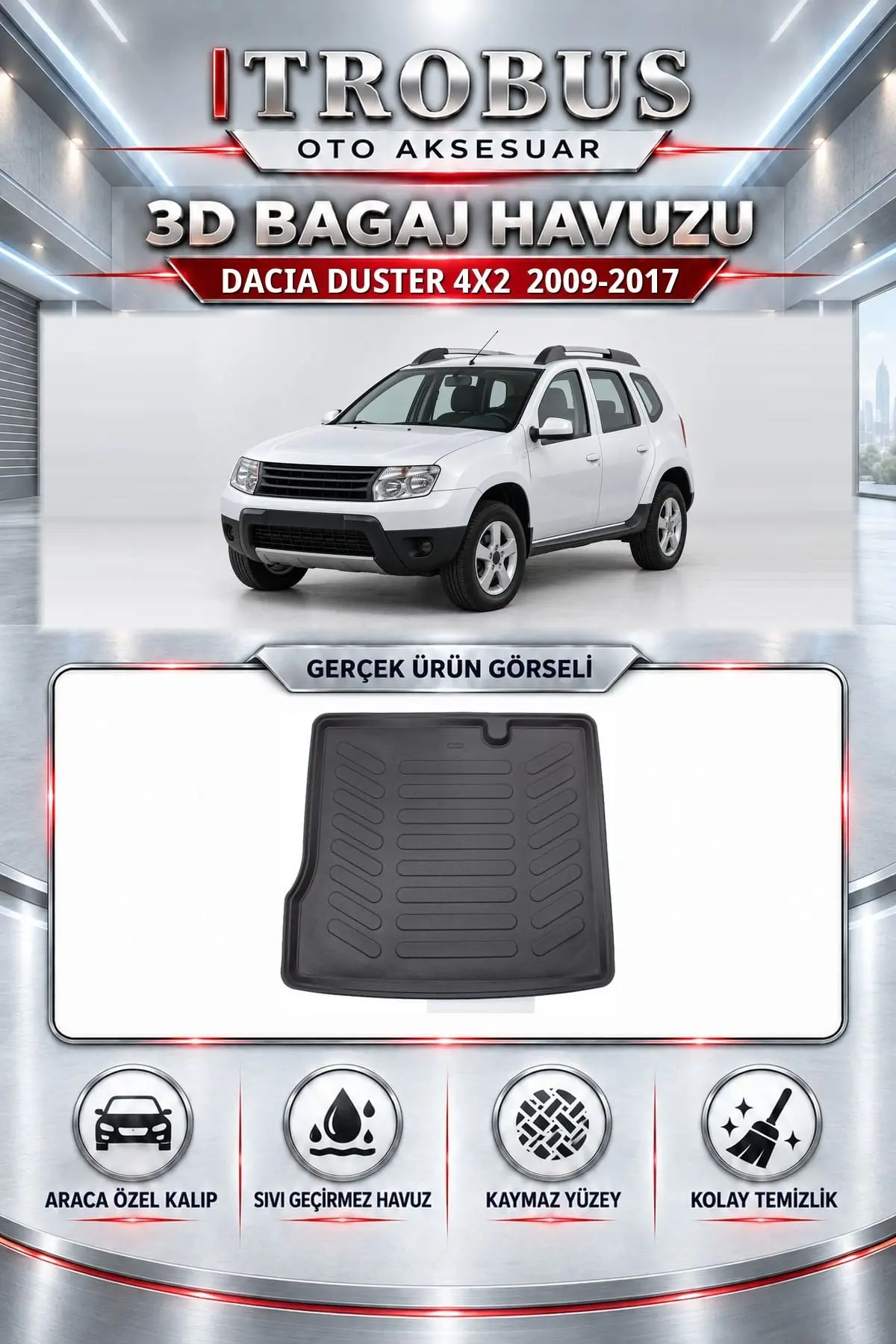 Dacia Duster 2009-2017 4x2 Araca Özel 3D Bagaj Havuzu